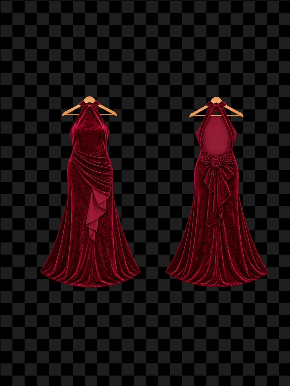 Fashion Nova Burgundy Velvet Halter Gown with Draped Rosette Back